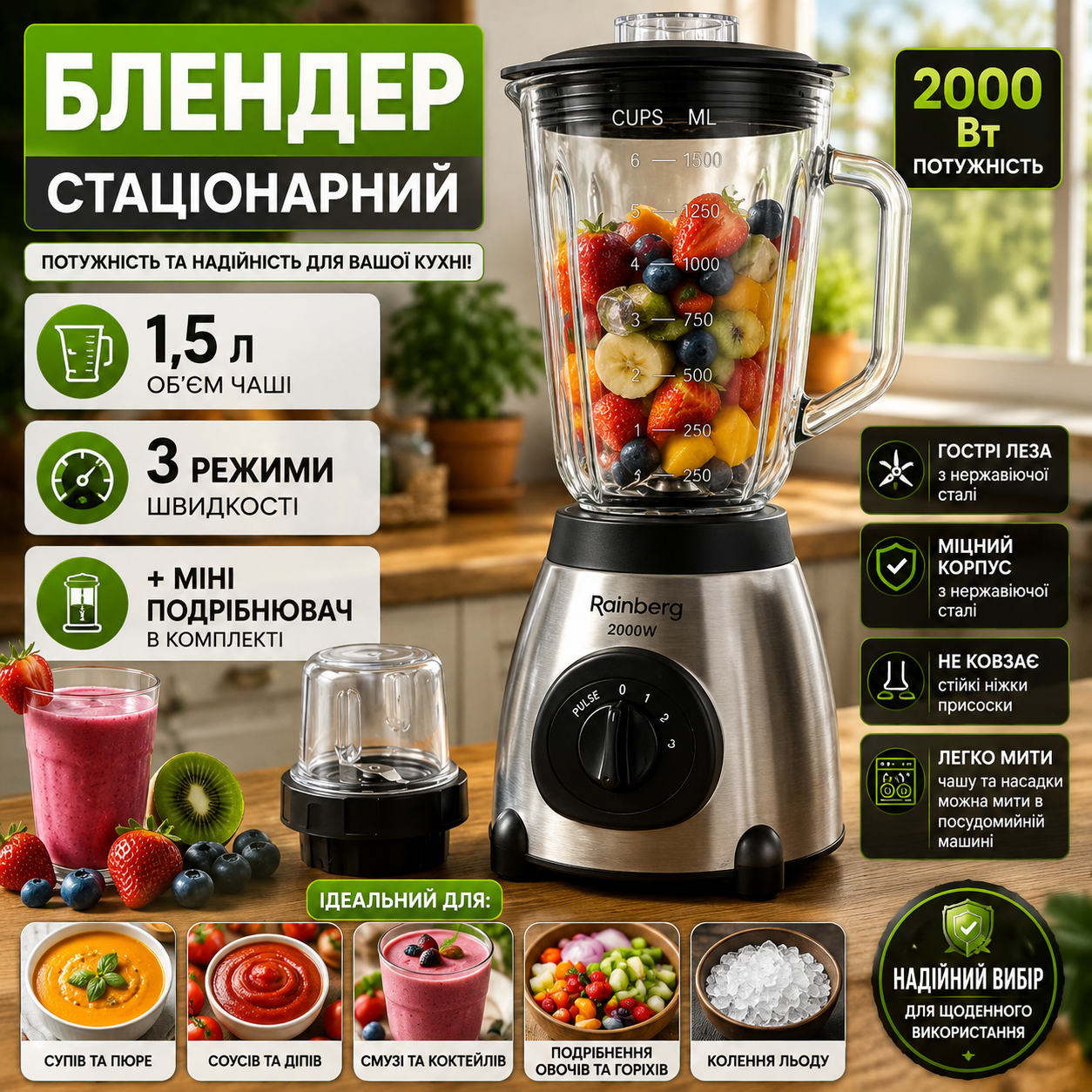 Блендер стаціонарний з кавомолкою 3в1 Rainberg Ice Crusher