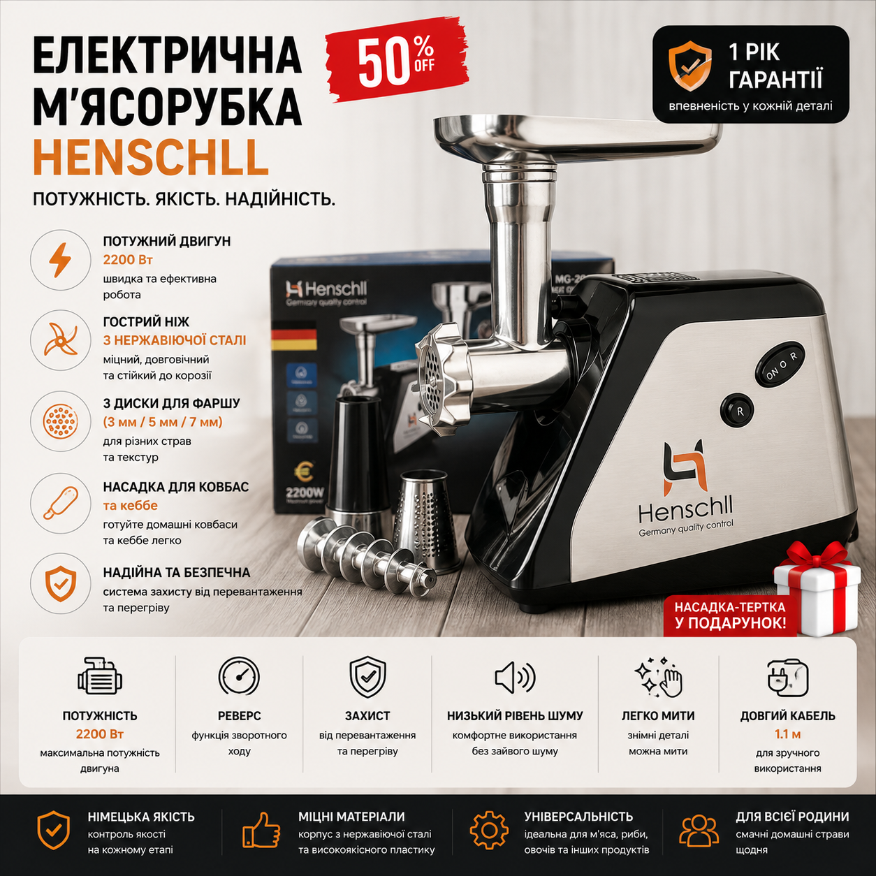 Побутова електрична м'ясорубка з реверсом Henschll