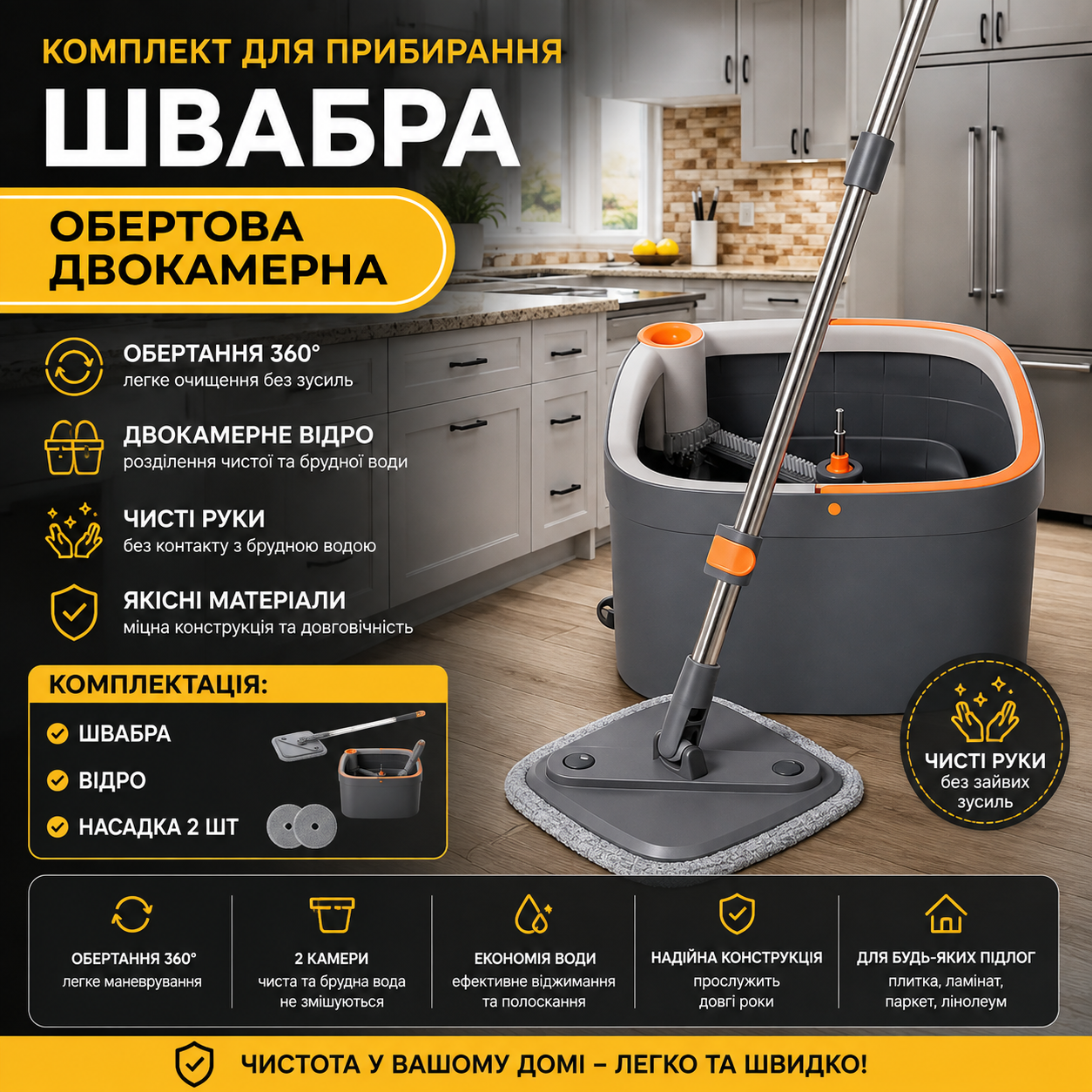 Комплект швабра і відро з центрифугою і віджимом, Турбо швабра 360° з мікрофібри, Швабра для ламінату і плитки, 2 насадки